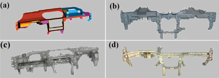 Figure 4. Evolution of jaguar land rover (JLR) cross car beams (CCB): (a) jaguar S-type 1963 initial design (1998); (b) first-generation magnesium CCB (2002 ~ 2007 jaguar S-type X202); (c) second-generation magnesium CCB (2008-2015 jaguar XF X250) and (d) third-generation magnesium CCB (2015-present XF X260) [28].