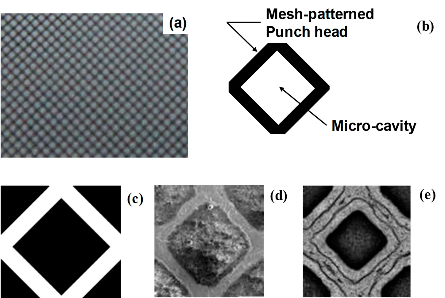 Figure 5. A plasma printing procedure with aid of the low temperature plasma nitriding. (a) CAD design on the mesh-patterned punch head, (b) a unit cell of mesh-pattern, (c) a unit cell on the screen-film for screen printing, (d) a nitrided unit cell of microtextures on the die surface at 673 K for 14.4 ks, and (e) a unit cell of mesh-patterned die after sand-blasting