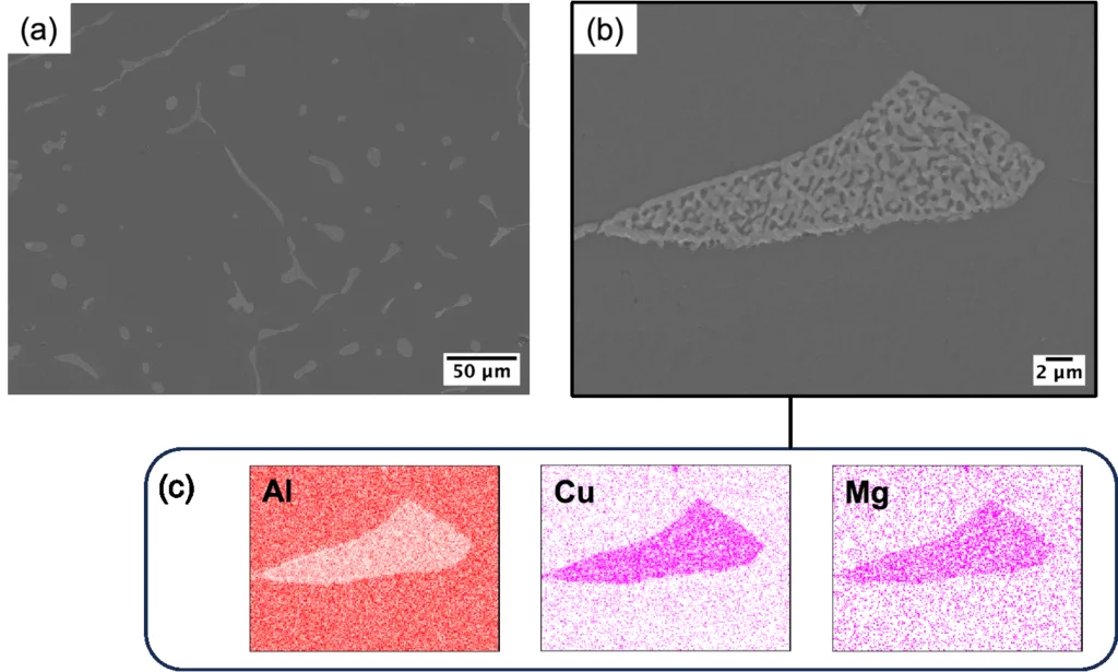 Figure 5. SEM images of as-cast IC2024 (a, b); (c) shows EDS maps of Al, Cu, and Mg in (b)
