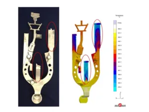 Figure 5: Comparison of real cast part and simulation results regarding cold shuts [2]