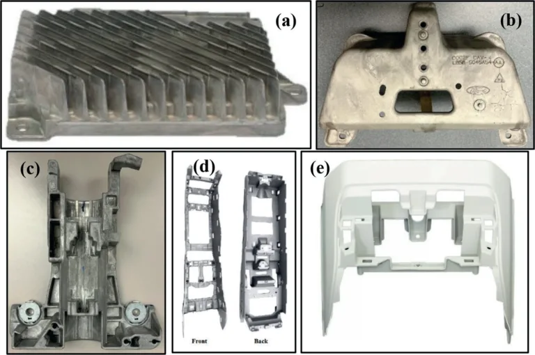 Figure 6. Images showing interior applications of HPDC magnesium alloys: (a) AZ91D automotive audio amplifier cast by Twin City die casting company [44]; (b) AM60 display bracket on 2021 ford explorer; (c) AM60 steering column cast by Meridian lightweight technologies; (d) AM50 center console on Audi A8 and (e) AM60 center stack on JLR defender [45] (courtesy of GF casting solutions).