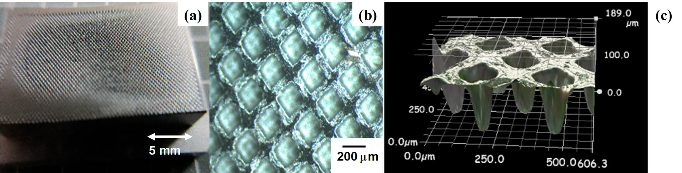 Figure 6. The mesh-textured AISI316 punch by the plasma printing. (a) Overview of textured punch, (b) SEM image on the punch surface, and (c) three dimensional profile of microtextures