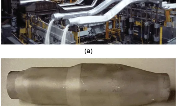 Figure 6. (a) Hydroformed aluminum rail for Corvette Z06 shown immediately after forming (Luo & Sachdev, 2008). (b) AZ31 magnesium tube gas-formed at 350°C showing 80% circumference expansion (Luo & Sachdev, 2008)