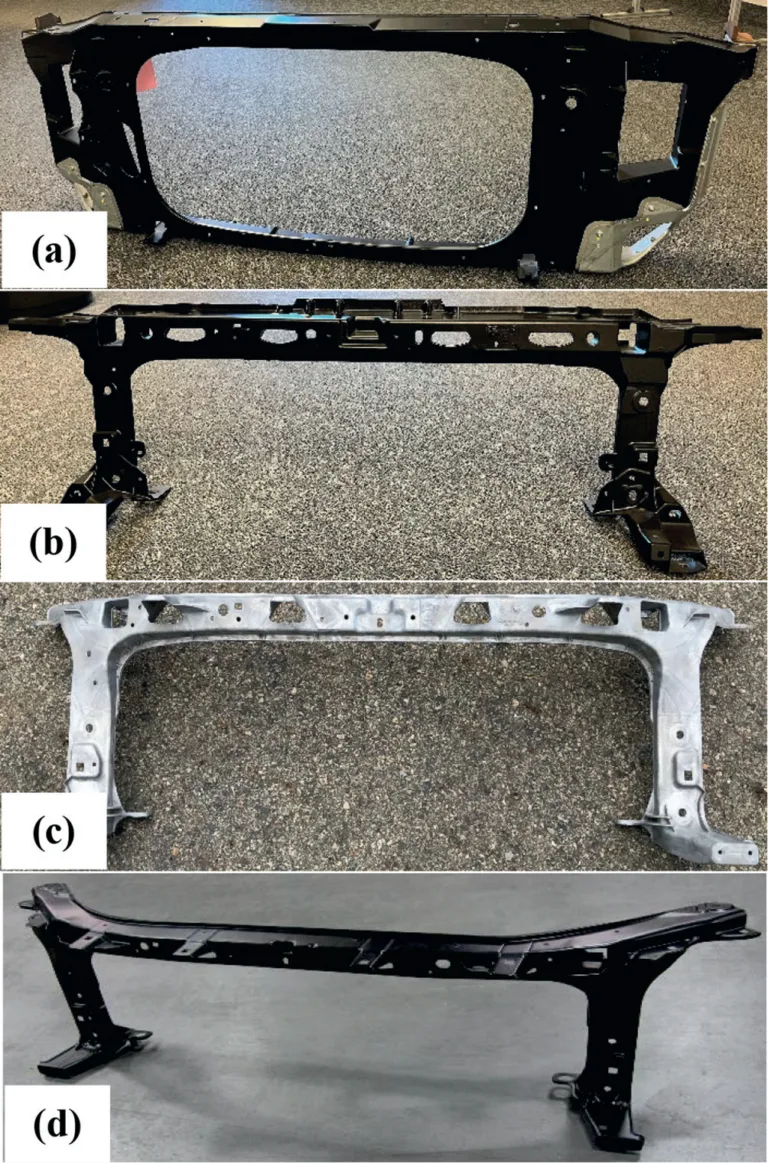 Figure 8. Evolution of ford F-150 AM50A magnesium radiator support (MRS): (a) 2004 model; (b) 2009 model, (c) and (d) 2017 model before and after coating.
