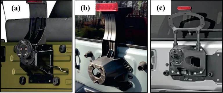 Figure 9. Evolution of jeep wrangler spare tire carrier (STC): (a) first generation on 1996 ~ 2006 model; (b) second generation on 2007 ~ 2018 model and (c) third generation on 2018 ~ present model.