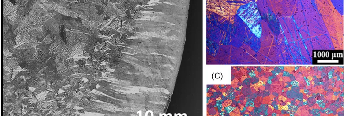 Figure 3.3 grain structure of as cast meta ls (A) a pure zinc showing typical combination of columnar grains from the mold wall and equiaxed grains in the center, (B) as cast grain for magnesium can be refined by adding an inoculant (C) during the casting process.
