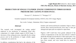 PRODUCTION OF SINGLE CYLINDER ENGINE COMPONENTS THROUGH HIGH PRESSURE DIE CASTING IN SEDI ENUGU.