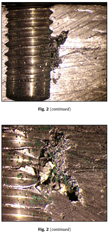 Shrinkage area from another angle showing damaged threads, (c) Large scale shrinkage in the thickest sections- Al cut piece.