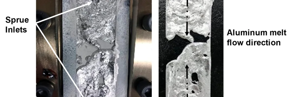 igure 11. A short-shot experiment by using the double PIG-nozzle units for PIG die-casting. (a) Aluminum melt flow into the rectangular die cavity, (b) solidified aluminum melts