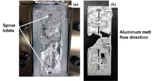 igure 11. A short-shot experiment by using the double PIG-nozzle units for PIG die-casting. (a) Aluminum melt flow into the rectangular die cavity, (b) solidified aluminum melts