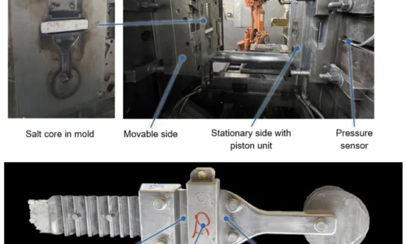 Figure 6. The HPDC mold setup (top) and demonstrator part (bottom)66