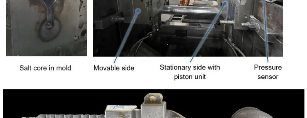 Figure 6. The HPDC mold setup (top) and demonstrator part (bottom)66