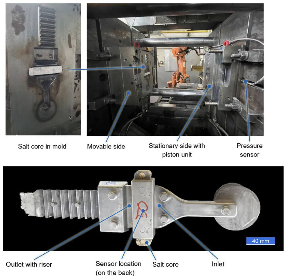 Figure 6. The HPDC mold setup (top) and demonstrator part (bottom)66