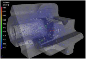 Volumetric distribution of porosities in a 3D reconstructed CT image at 60% transparency.