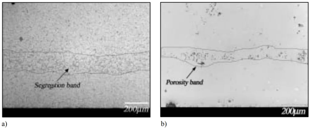 Figure 15: a) Segregation band in an A356 die casting; b) A porosity band in an AM60 die casting. Bands delineated with black lines and marked with arrows.