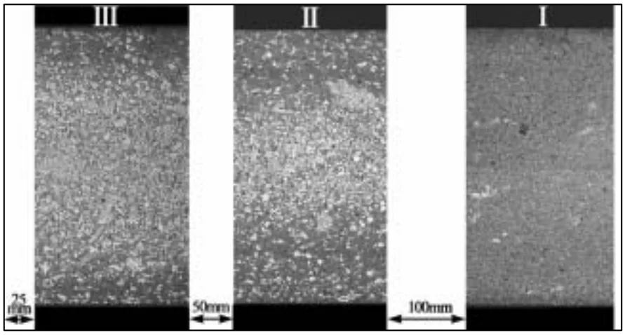 Figure 21: The solidification and metal flow in the shot sleeve results in microstructures with different
thermal histories in the casting. The microstructures correspondingly possess different fractions of ESCs.
The locations marked III, II and I, correspond to position A, B and C, respectively, in the box shaped die
castings in article #1-4. Thickness of the casting: 2.5mm.