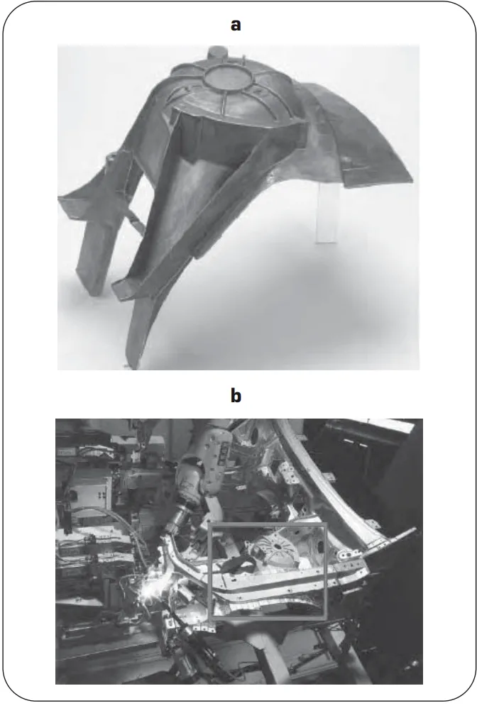 Fig. 6 Shock tower of the new upper middle class car – a) casting in Magsimal®-59, b) front structure in Aluminium during assembly.