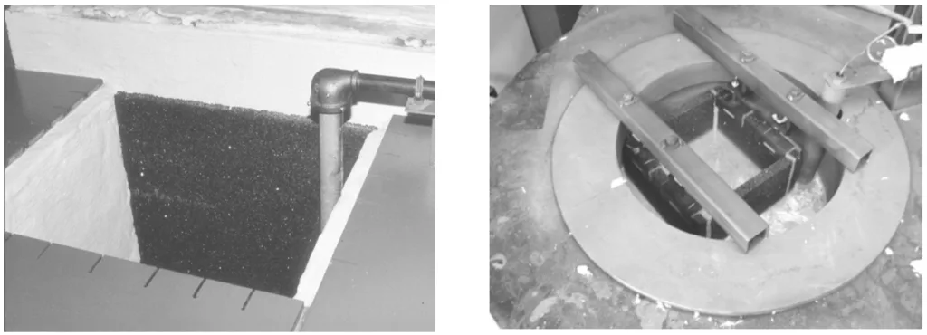 Figure 1a: Vertical Gate Filters are placed in the Figure outlet well or dipwell of a casting furnace. 
1b: A box filter is useful in crucible furnaces our dipwells of other furnace types.
