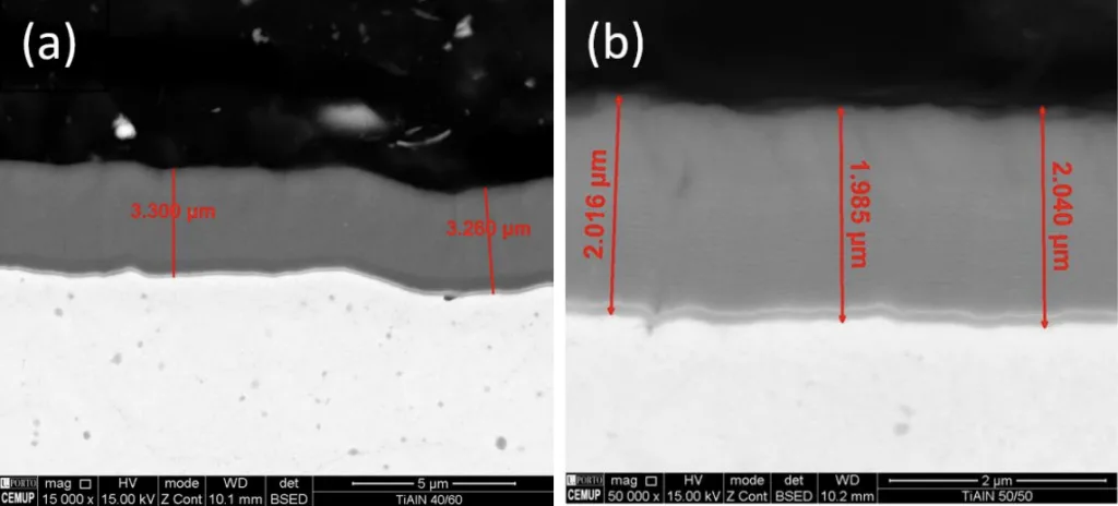 Figure 4 - Cross-section views of the coatings (𝑇𝑖40𝐴𝑙60𝑁 (a) and 𝑇𝑖50𝐴𝑙50𝑁 (𝑏)) allowing measure the coatings
thickness