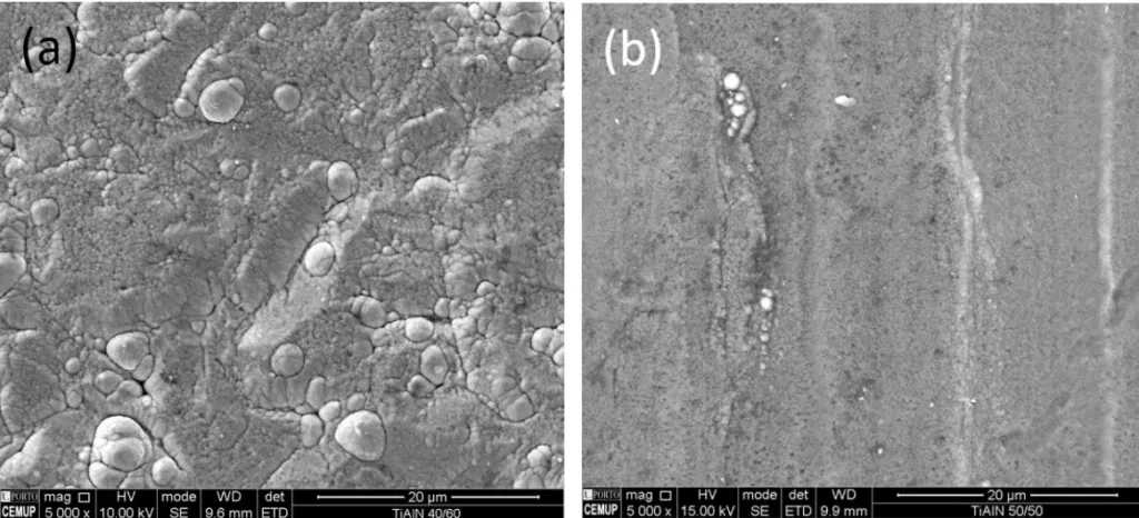 Figure 6 - Coatings morphological characterization (a) 𝑇𝑖40𝐴𝑙60𝑁 and (b) 𝑇𝑖50𝐴𝑙50𝑁 (top view)