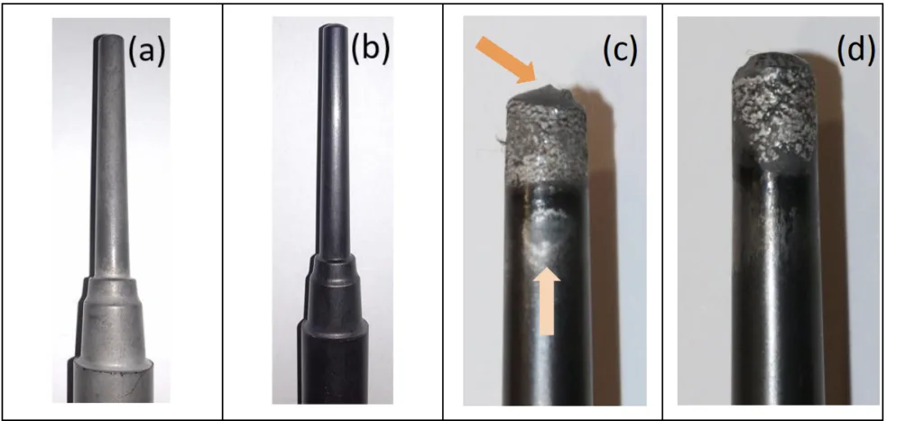 Figure 16 - Core pin samples used on die-casting mold (a) uncoated pin, (b) 𝑇𝑖40𝐴𝑙60𝑁 coated pin, (c) after 30,000
shots with 𝑇𝑖50𝐴𝑙50𝑁 coating, (d) after 30,000 shots with 𝑇𝑖40𝐴𝑙60𝑁 coating