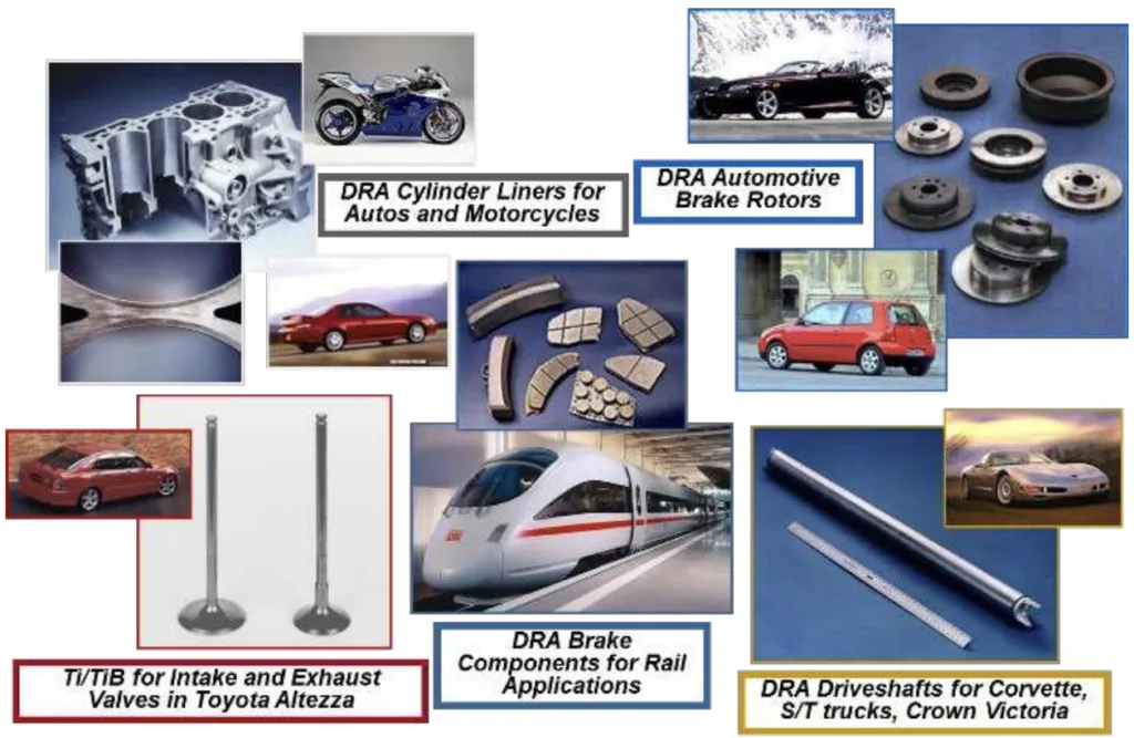 Figure 25. MMC uses in automotive applications as cylinder liners, brake rotors, intake and exhaust valves, and driveshaft etc.