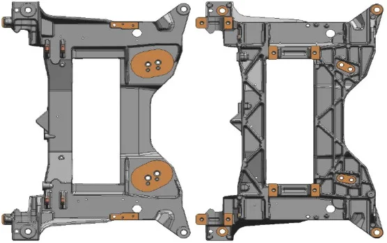 Fig. 20. Aluminum isolator locations for Chevrolet Corvette Z06 magnesium cradle (bottom & top views) [50].