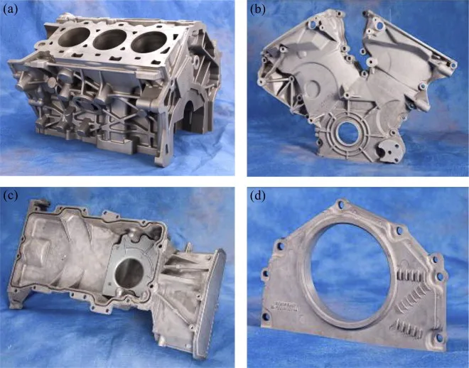 Fig. 19. Magnesium powertrain components from the USCAR magnesium powertrain cast components project; (a) LPDC cylinder block, (b) Thixomolded front engine cover, (c) HPDC oil pan and (d) HPDC rear seal carrier [54].