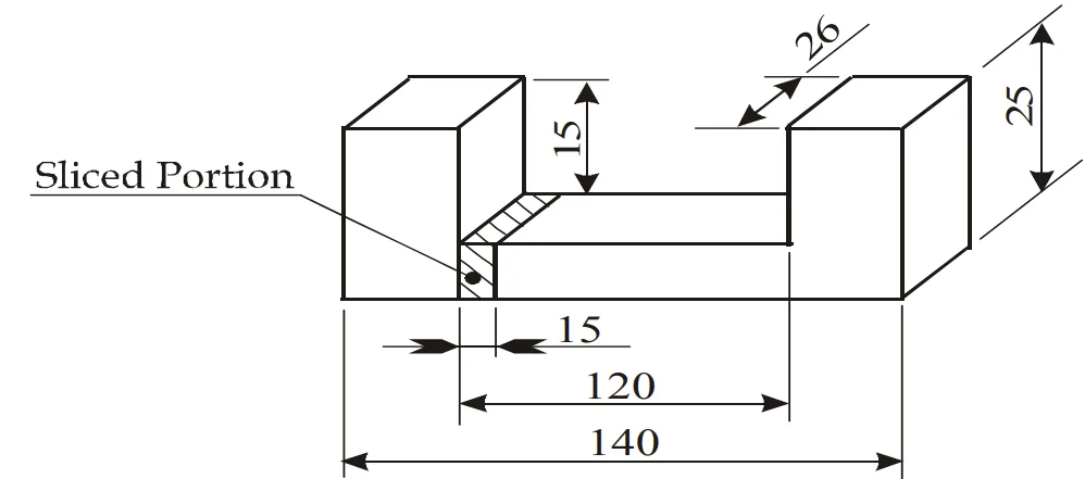 Fig. 1. Sliced portion of castings for metallographic test; dimensions are in mm. 