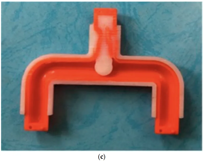 Figure 8. Photo of (a) the designated product, tee-joint; (b) sectional view of the sample made by optimal parameters, A3B3C2D3 ; and (c) sectional view of the sample made by setting parameters, A2B1C2D3 .