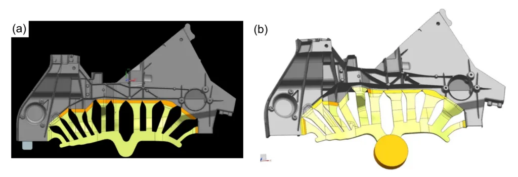 Fig. 14: Two gating designs for a large HPDC structural part: (a) Design 1; (b) Design 2