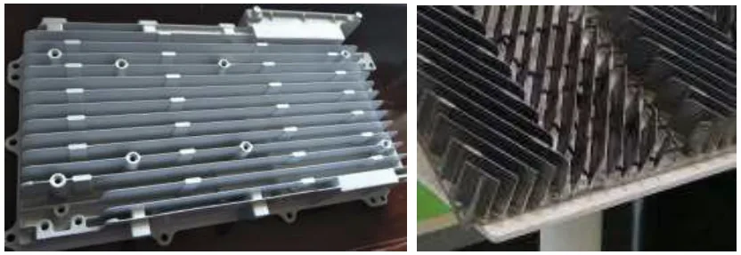 Figure 1. Fin designs on heat sinks: left with all parallel fins, right with angled fins increasing turbulence in the air (cooling medium) and increasing air exchange between the fins to maximize cooling [2].