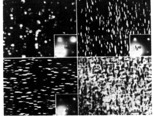 Figure 4. Dark field transmission micrographs showing three variants of y" and a bright field image showing high coherency strains