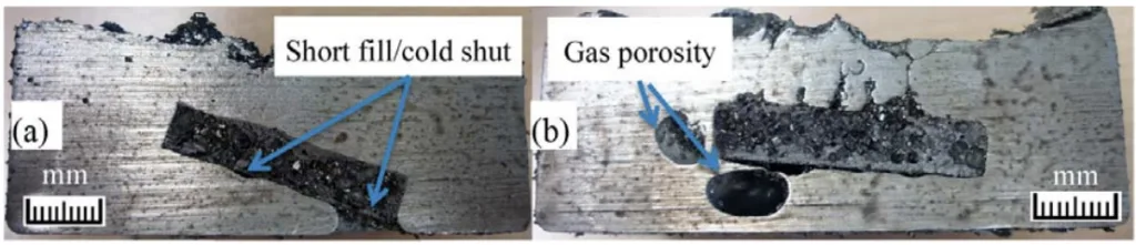 Figure 8. (a) Short fill and cold shut defects; and (b) gas porosity defects