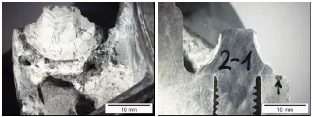 Figure 11. Side view and longitudinal cut of M8 EN AW 6056 after 720 hours of salt spray test
