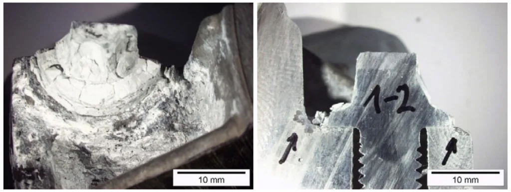 Figure 12. Side view and longitudinal cut of M8 EN AW 7075 after 720 hours of salt spray test