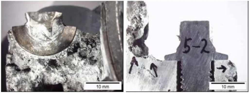 Figure 15. Side view and longitudinal cut of 10.9 steel bolt, zinc flake coated and sealed after 720 hours salt spray test