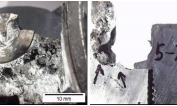 Figure 15. Side view and longitudinal cut of 10.9 steel bolt, zinc flake coated and sealed after 720 hours salt spray test