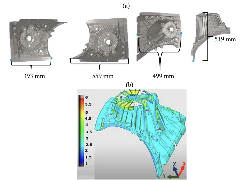 Figure 0.2: (a) The geometrical dimensions and (b) the thickness distribution (mm) of the 2020 Ford explorer aluminium shock tower.