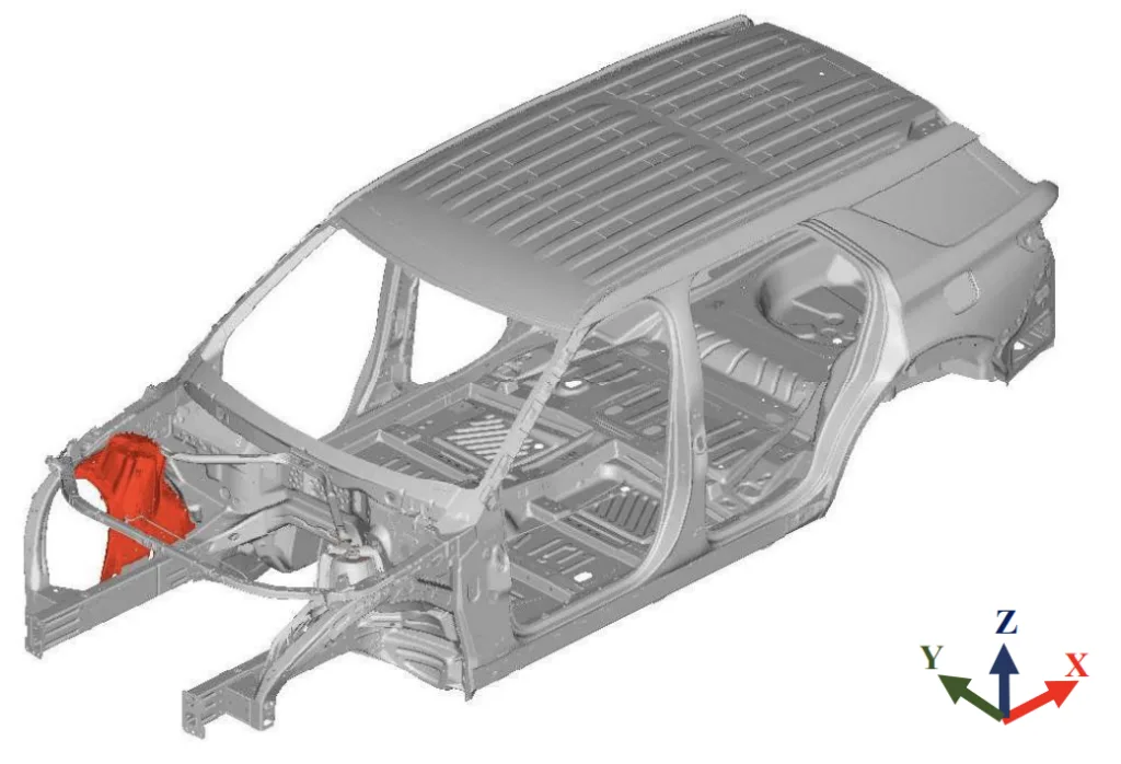 Figure 3.1: An aluminium shock tower (red) in the 2020 Ford explorer's body