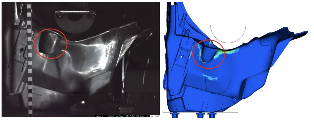 Figure 5.1: Physical test compared to CAE model with rigid impactor at 6m/s