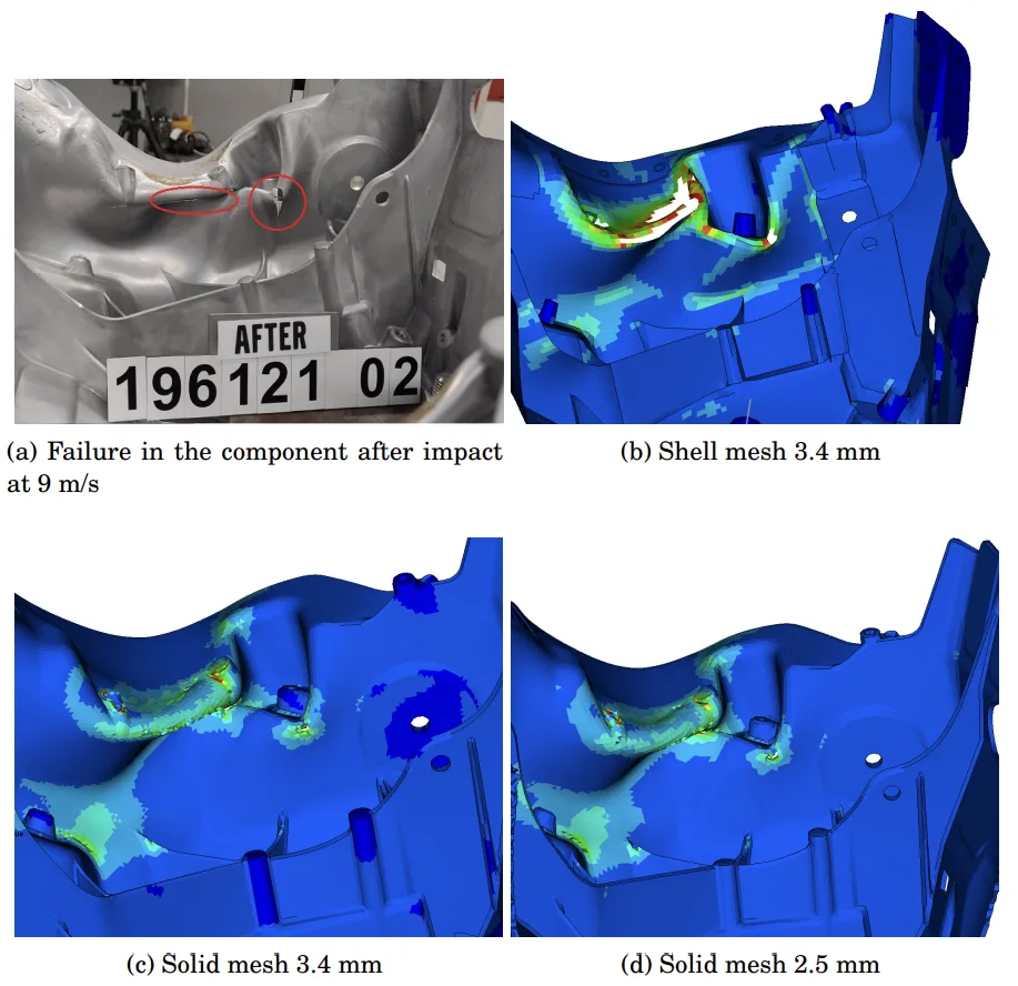 Figure 5.11: Failure in the physical and the FE model with different element size at 9 m/s