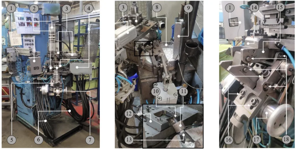 Figure 3. Workstation, Injection System and Coupling System and corresponding main components and location: (1) Cable trimming device; (2) Flower device and drive cylinder; (3) Mold closure system and drive cylinder; (4) Transfer and drive cylinder; (5) Mold and frame; (6) Air, water and oil hoses; (7) Coupling system; (8) Zamak container; (9) Zamak ingot; (10) Zamak injection nozzle; (11) Heating set; (12) Frame base; (13) Pump adaptor; (14) Support base; (15) Rotation mechanism; (16) Coupling tuning system; (17) Rotation drive system; (18) Dowel pins