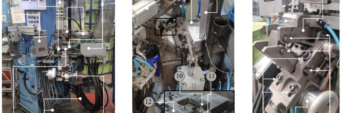 Figure 3. Workstation, Injection System and Coupling System and corresponding main components and location: (1) Cable trimming device; (2) Flower device and drive cylinder; (3) Mold closure system and drive cylinder; (4) Transfer and drive cylinder; (5) Mold and frame; (6) Air, water and oil hoses; (7) Coupling system; (8) Zamak container; (9) Zamak ingot; (10) Zamak injection nozzle; (11) Heating set; (12) Frame base; (13) Pump adaptor; (14) Support base; (15) Rotation mechanism; (16) Coupling tuning system; (17) Rotation drive system; (18) Dowel pins