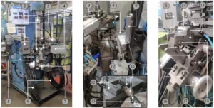 Figure 3. Workstation, Injection System and Coupling System and corresponding main components and location: (1) Cable trimming device; (2) Flower device and drive cylinder; (3) Mold closure system and drive cylinder; (4) Transfer and drive cylinder; (5) Mold and frame; (6) Air, water and oil hoses; (7) Coupling system; (8) Zamak container; (9) Zamak ingot; (10) Zamak injection nozzle; (11) Heating set; (12) Frame base; (13) Pump adaptor; (14) Support base; (15) Rotation mechanism; (16) Coupling tuning system; (17) Rotation drive system; (18) Dowel pins