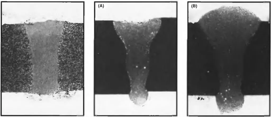 Fig. 1- Cross section of laser welded ZC 71, thickness 3 mm, 1.5 kW, 3 m/min (17X).

Fig. 2- Cross section of laser welded WE 54 T6, thickness 5 mm (11X); A - without welding wire, 2 kW, 2 m/min; B - with 2.3-mm welding wire, 2 kW, 1.25 m/min.