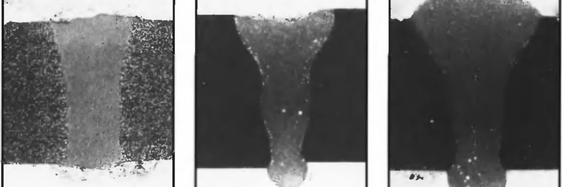 Fig. 1- Cross section of laser welded ZC 71, thickness 3 mm, 1.5 kW, 3 m/min (17X). Fig. 2- Cross section of laser welded WE 54 T6, thickness 5 mm (11X); A - without welding wire, 2 kW, 2 m/min; B - with 2.3-mm welding wire, 2 kW, 1.25 m/min.