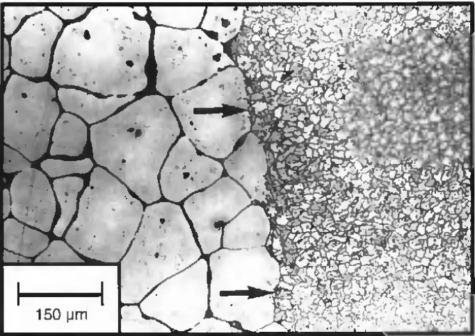 Fig. 3 - Fusion boundary region of weld in QE 22, thickness 5 mm, laser power 2 kW, travel speed 1.75 m/min (100X). Note fine solidification subgrain structure in fusion zone, arrows indicate fusion boundary.