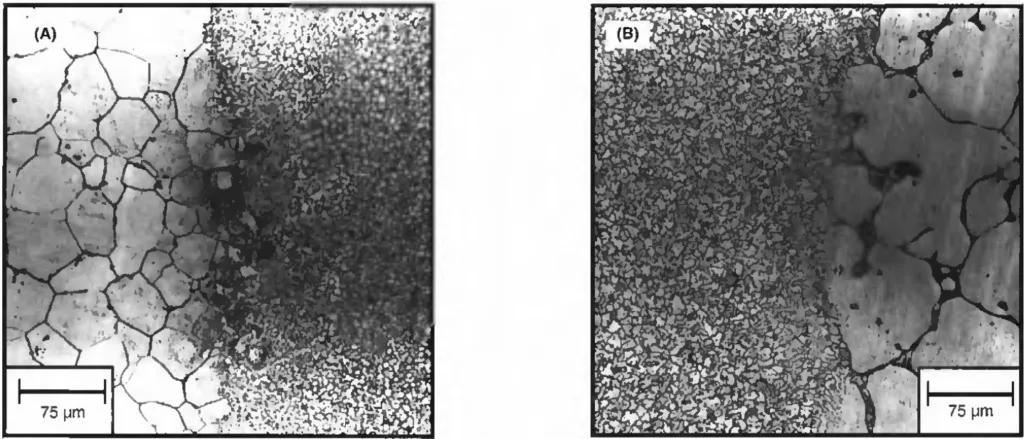 Fig. 9- Microstructure in the dissimilar joint of QE 22 and WE 54 (200X). The grains in fusion zone are finer and more globular shaped at the WE 54 side (A), whereas the grains at the QE 22 side are coarser and more cellular shaped (B).