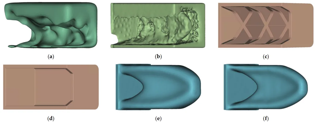 Figure 16. Comparison of all HPDC and TO design proposals: (a) HPDC-IT_6; (b) HPDC-OS; (c) HPDC-50; (d) HPDC-30; (e) TO-50; (f) TO-30.